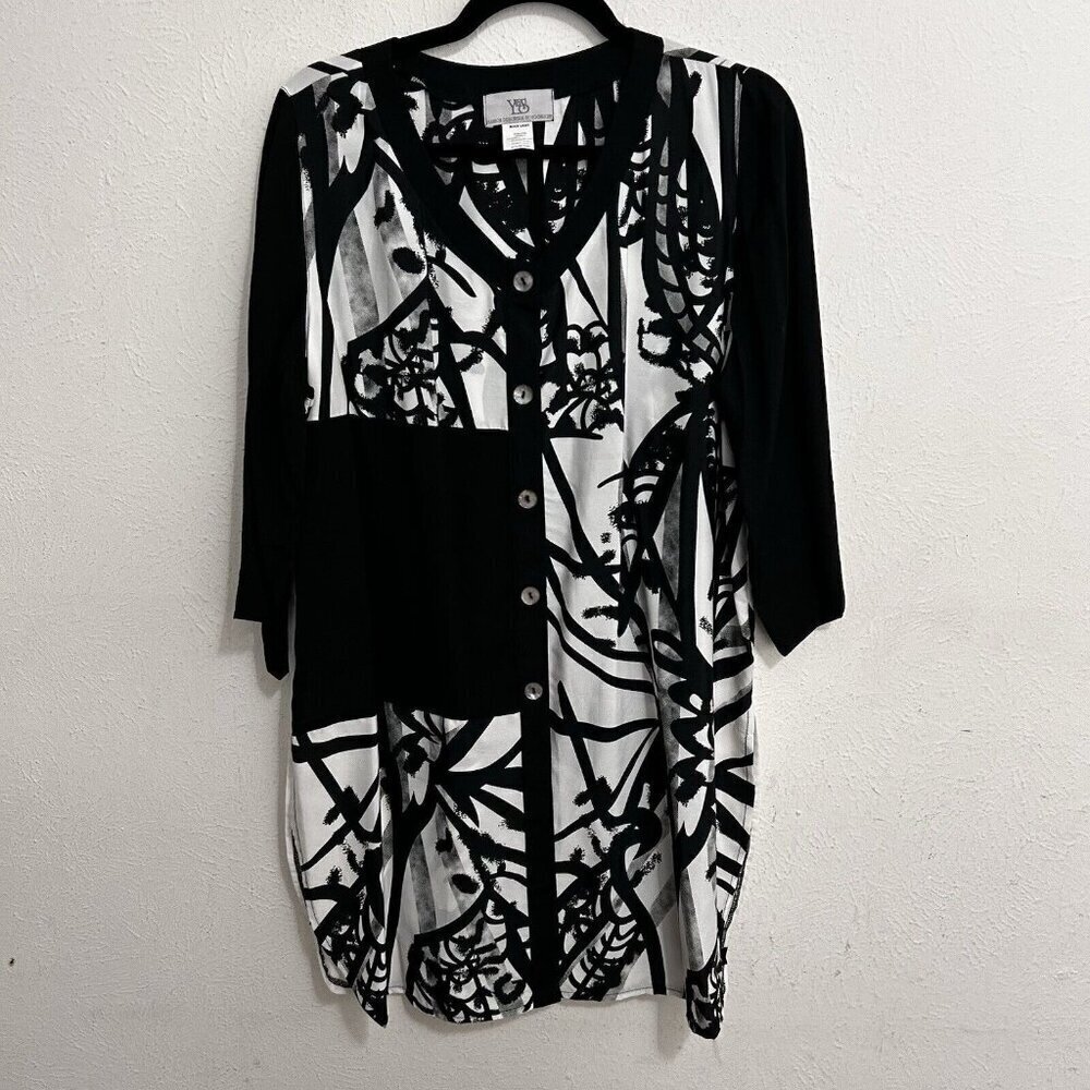 Moonlight Geometric‎ Lagenlook Top Tunic Blouse Art Wear Black White Abstract S